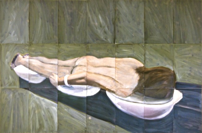 Laying 3 2015 Huile et impression sur papier Dimensions variables, 21 feuilles A4