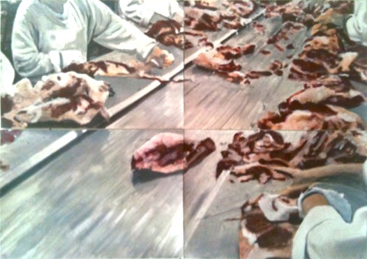 A l'usine, 2015 Huile et impression sur papier Dimensions variables, 4 feuilles A4